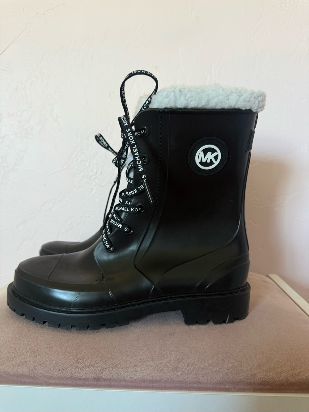 Michael Kors Black Lace-Up MK Logo Sherpa-Trim Rain Boots